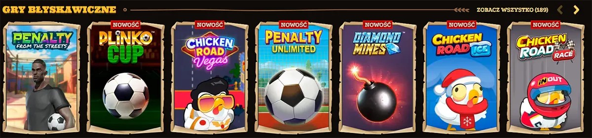 “Gry błyskawiczne” (instant games) carousel showing tiles for Penalty From the Streets, Plinko Cup, Chicken Road Vegas, Penalty Unlimited, Diamond Mines, Chicken Road Ice, and Chicken Road Race, with a “Zobacz wszystko (189)” link on the right.