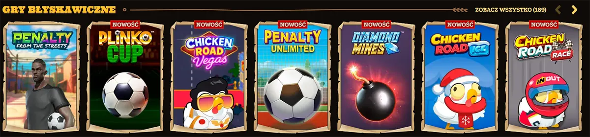“Gry błyskawiczne” (instant games) carousel showing tiles for Penalty From the Streets, Plinko Cup, Chicken Road Vegas, Penalty Unlimited, Diamond Mines, Chicken Road Ice, and Chicken Road Race, with a “Zobacz wszystko (189)” link on the right.