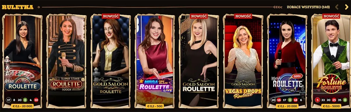 Polish “Ruletka” (Roulette) live casino row with eight dealer game tiles: Speed Roulette, Super Stake Roulette, Gold Saloon Roulette, Mega Fire Blaze Roulette Live, Gold Saloon Roulette (black dress), Gold Saloon Vegas Drops Roulette, Mega Roulette (500x), and Fortune Roulette, with “Zobacz wszystko (149)” on the right.