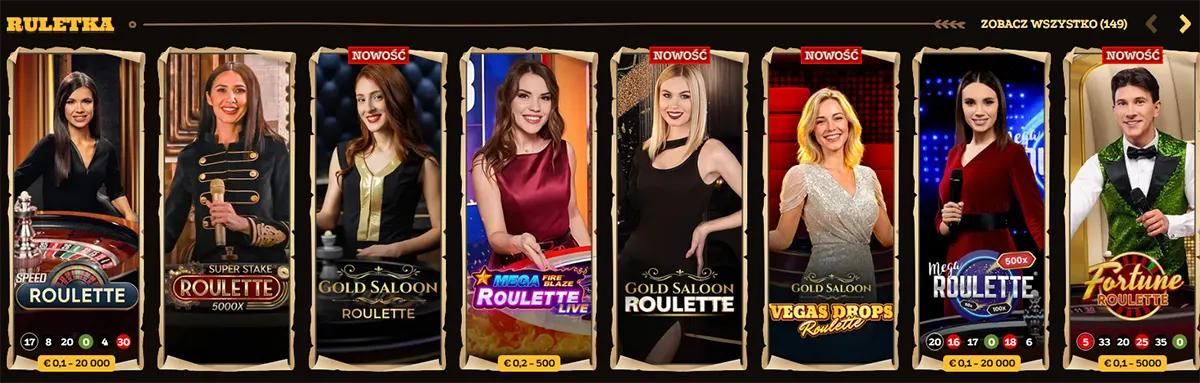 Polish “Ruletka” (Roulette) live casino row with eight dealer game tiles: Speed Roulette, Super Stake Roulette, Gold Saloon Roulette, Mega Fire Blaze Roulette Live, Gold Saloon Roulette (black dress), Gold Saloon Vegas Drops Roulette, Mega Roulette (500x), and Fortune Roulette, with “Zobacz wszystko (149)” on the right.