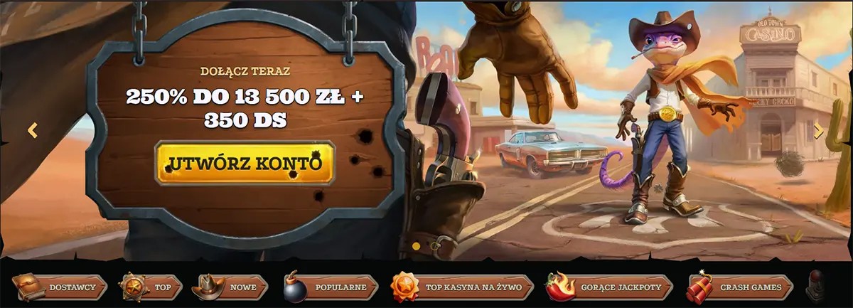Polish casino hero banner with a Wild West theme: wooden sign shows “250% do 13 500 zł + 350 DS” and a yellow “Utwórz konto” (Create account) button, alongside a cartoon cowboy lizard character in a desert town, with category icons in the bottom navigation.