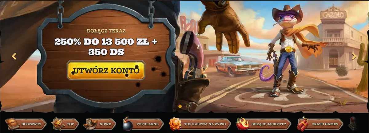 Polish casino hero banner with a Wild West theme: wooden sign shows “250% do 13 500 zł + 350 DS” and a yellow “Utwórz konto” (Create account) button, alongside a cartoon cowboy lizard character in a desert town, with category icons in the bottom navigation.